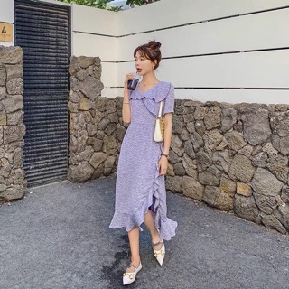 เดรสยาวโทนสีม่วงพาสเทล ลายดอกไม้จิ๋ว (Violet long dress)