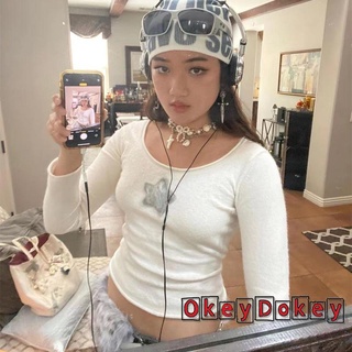 Odokey- เสื้อยืดคอกลม แขนยาว ปักลายดาว แบบสวมหัว เข้ารูป สําหรับผู้หญิง