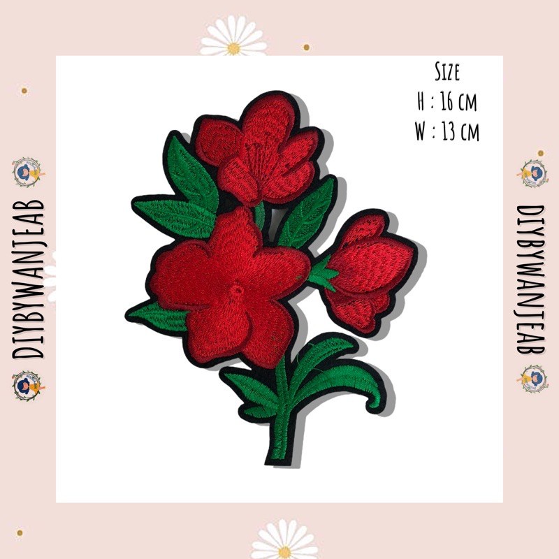 DIY ดอกไม้สีแดง ตัวรีดติดเสื้อผ้า กระเป๋า รองเท้า รีดกับวัสดุที่เป็นผ้าได้หลากชนิดหรือนำไปเย็บ ปะเสื้อผ้า งานปักผ้า