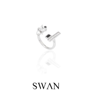 SWAN - Pave Bar Open Ring (black) แหวนเงินแท้ มุกแท้ มุกน้ำจืด ฝังเพชรคิวบิกเซอร์โคเนีย cubic zirconia ฟรีไซส์