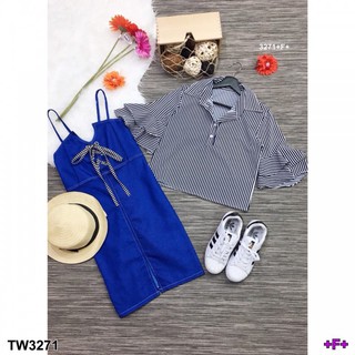 SS3271 Dress   Set 2 ชิ้น เสื้อแขนยาว ปลายแขนระบายทรงระฆังกับเอี๊ยมกระโปรงยีนส์