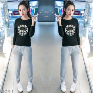เสื้อแขนยาวสีพื้น กางกางขายาว เข้าเซต