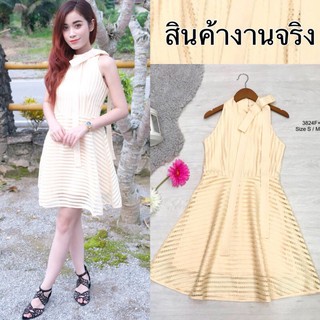 J3824 Dress เดรสคอเต่าไหล่ล้ำ ผ้าลูกไม้ร่อง แต่งโบว์ยักษ์