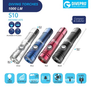 ไฟฉายดำน้ำลึก S10 สว่าง 1000 LM (DivePro)**NIGHT DIVE TORCH**