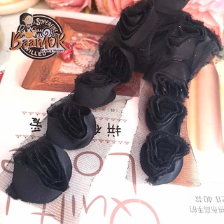 90cm (1y) ผ้าลูกไม้ ดอกไม้ กุหลาบ แถว ลาย ดอกกุหลาบ 3.5cm สีดำ ตัดความยาว 90cm Rose Lace for diy , for sew