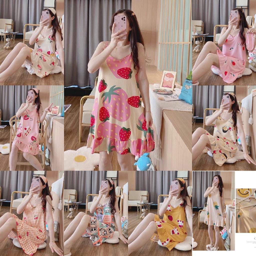 195-พร้อมส่ง-ชุดนอนสายเดี่ยว ลายน่ารัก มีฟ้องน้ำตรงหน้าอก มีไซส์M-XXL