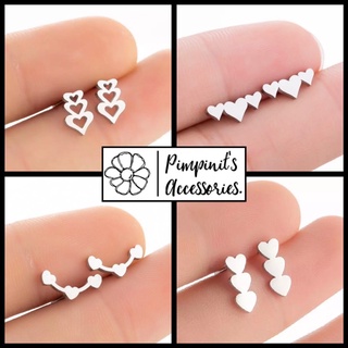 🇹🇭 พร้อมส่ง : 💗 ต่างหูสแตนเลสสไตล์มินิมอลลายหัวใจสามดวง | Three Hearts Stainless Steel Minimalist Stud Earring.