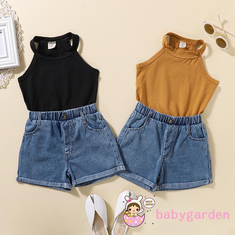 Babygarden-1-6 ปี เด็กผู้หญิง เสื้อผ้าฤดูร้อน ชุดเสื้อกล้ามแขนกุด สีพื้น และกางเกงยีนขาสั้น ลําลอง ยืดได้