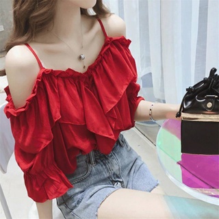 NEW เสื้อสายเดี่ยว เสื้อกล้ามสาวอวบ เสื้อสายเดี่ยวสาวอวบ Off-shoulder strap shirt ruffled off-shoulder top trendy loose 2020 Summer new womens short sleeve Korean style slimmingเดรสเกาหลี