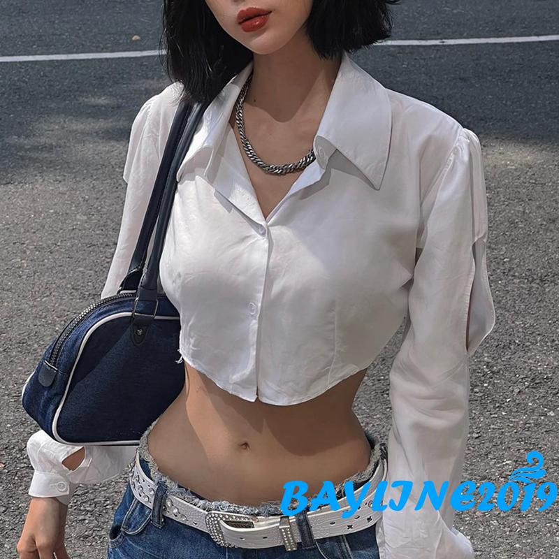Bay-ผู้หญิง เสื้อครอปฤดูใบไม้ผลิฤดูใบไม้ร่วงสีขาวแขนยาวปุ่มกลวงลงเสื้อ