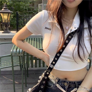 พร้อมส่ง💚💥Hot girl POLO shirt ปักตัวอักษรเสื้อยืดแขนสั้นผู้หญิงใหม่ slim crop top