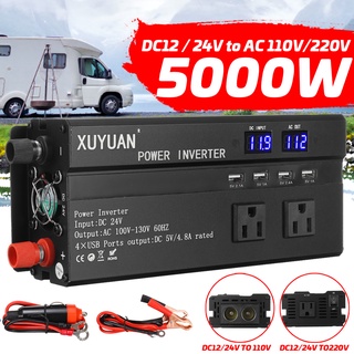 หม้อแปลงไฟฟ้าอินเวอร์เตอร์ DC 5000W 12V 24V เป็น AC 110V 220V หน้าจอดิจิทัล ดัดแปลง สีดํา