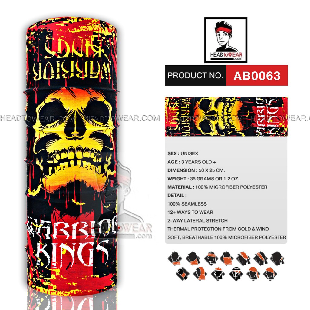 ผ้าบัฟ ผ้าพันคอ ผ้าโพกหัว HeadToWear ลายหัวกระโหลกส้ม Warrior Kings  AB0063-9