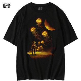 เสื้อยืดโอเวอร์ไซส์ต้นฉบับที่มีชื่อเสียงมาก starry sky รูปแบบแมงกะพรุนพิมพ์ผ้าฝ้ายเสื้อยืดผู้ชายฤดูร้อนหลวมการออกแบบความ