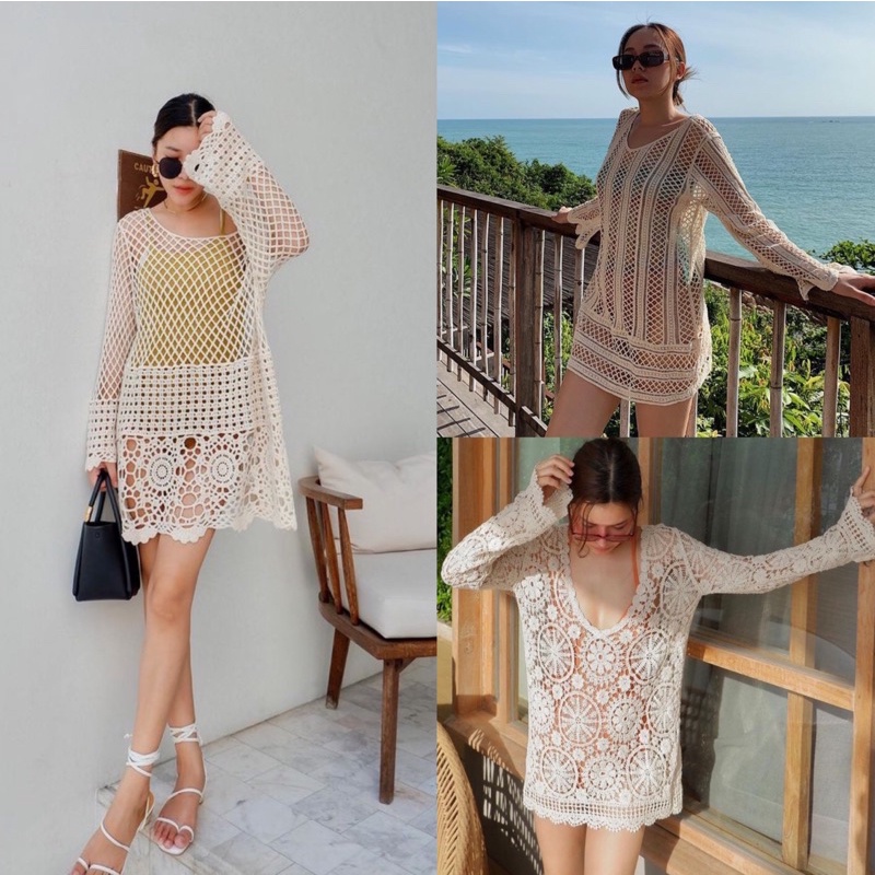 SALE รอบสุดท้าย เสื้อคลุมลูกไม้ เสื้อคลุมงานถัก เสื้อคลุมชุดว่ายน้ำ(สีครีม) มีบริการเก็บปลายทาง