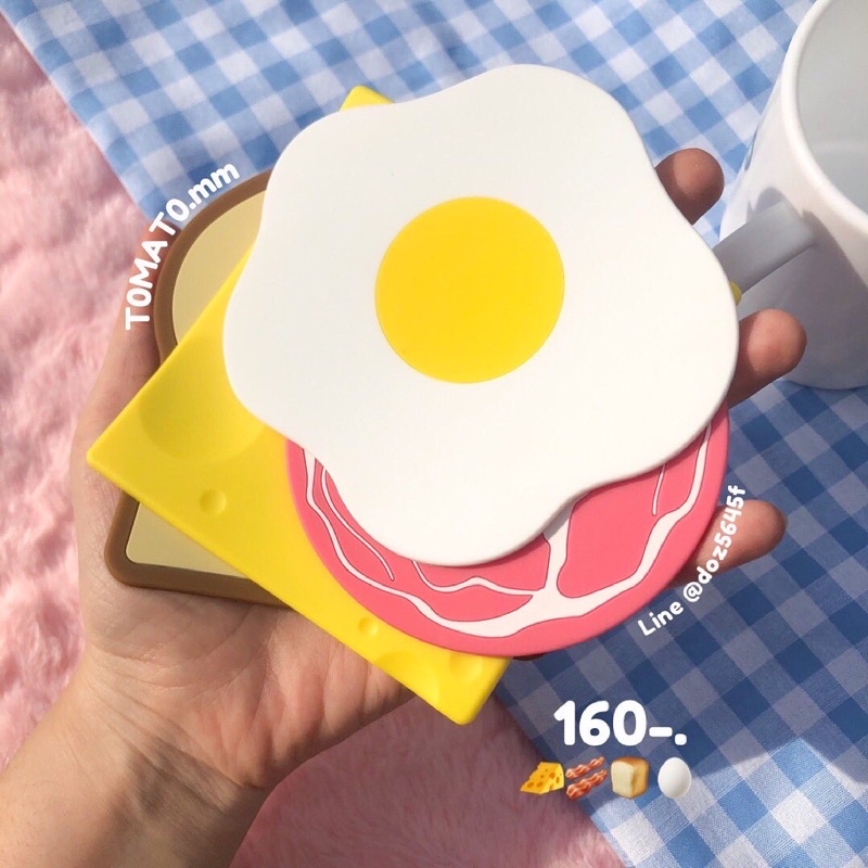 ที่รองแก้ว ลายอาหารเช้า ไข่ดาว ขนมปัง ชีส แฮม แผ่นดิสก์ น่ารักสุดๆ วัสดุ soft pvc
