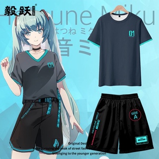 ☃เสื้อยืดแขนสั้น พิมพ์ลายอนิเมะ Hatsune miku และกางเกงขาสั้น