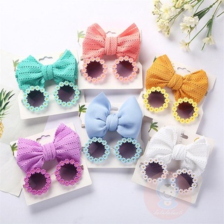 LAA6-Children Glasses Headband Set, Sunflower Decor Anti-UV Sunglasses Matching Elastic Hollow Bow Hair Band