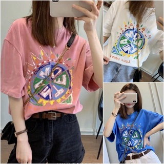 พร้อมส่ง เสื้อยืดแขนสั้น เสื้อคอกลมลายพิซซ่า เสื้อผ้าผู้หญิง ใส่สบาย สไตล์เกาหลีน่ารัก เสื้อยืดฮิตๆ เสื้อแขนสั้น