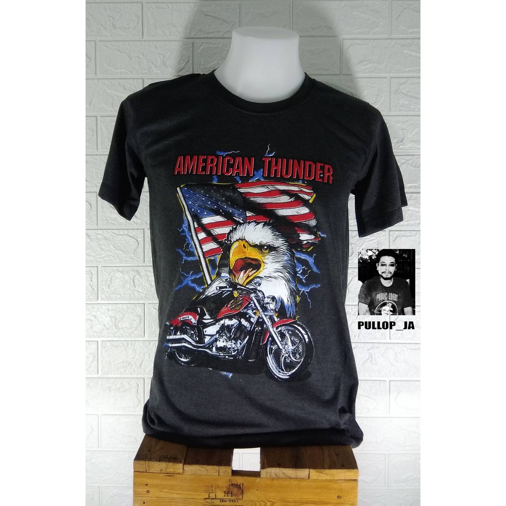 C009-L เสื้อยืดคอกลม แขนสั้น ไซด์ L สกรีนแนววินเทจ สกรีนแนวฮาเล่ย์ AMERICAN THUNDER รูปนกอินทรี มอเต