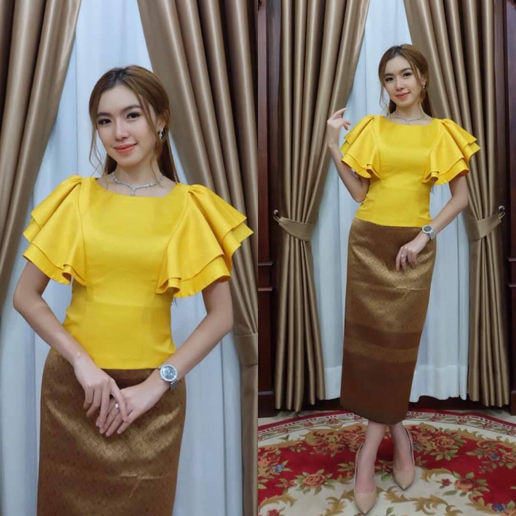 เสื้อลาว เสื้อไหมหม่อนอินเดียอัดกาว มีอก 32-42" (ราคาเฉพาะเสื้อ) ชุดไทยบรรเจิดแบรนด์