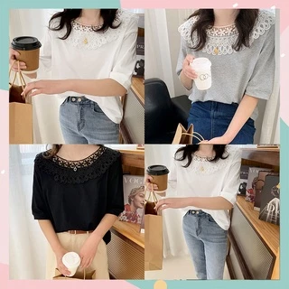 QKshop ✨เสื้อแฟชั่นแขนสามส่วนคอกลมแต่งลายลูกไม้🌺ตรงคอเสื้อมีสเน่ห์ฟุดๆ ผ้านิ่มสวมใส่สบายไม่หนาไม่ร้อน แต่งตัวง่าย ของดีแ