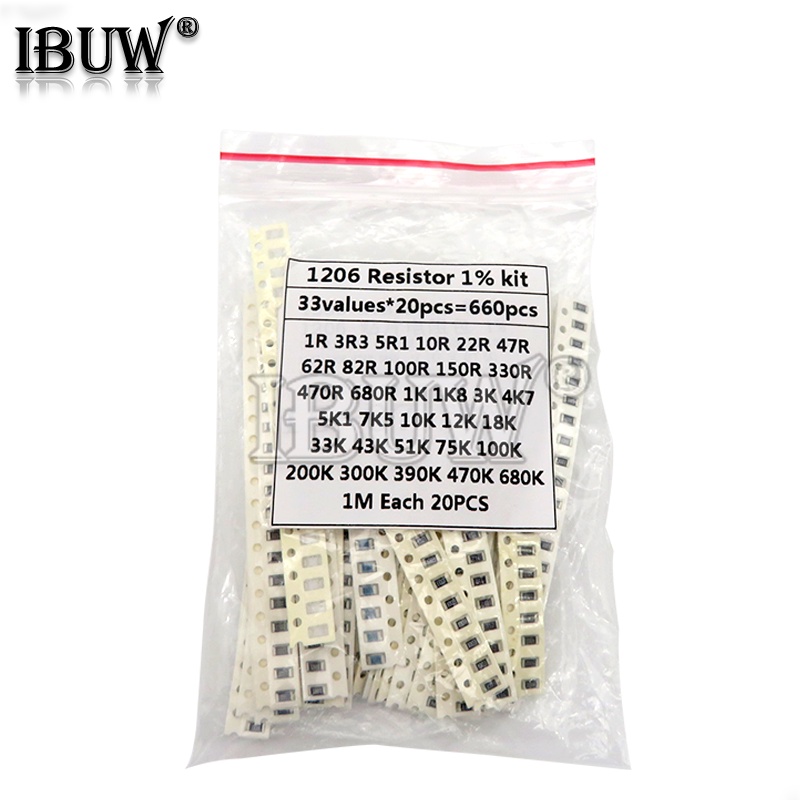 1206 SMD Resistor Kit Assorted Kit igmopnrq 1ohm-1M ohm 1% 33valuesX 20PCS = 66PCS ชุดตัวอย่าง