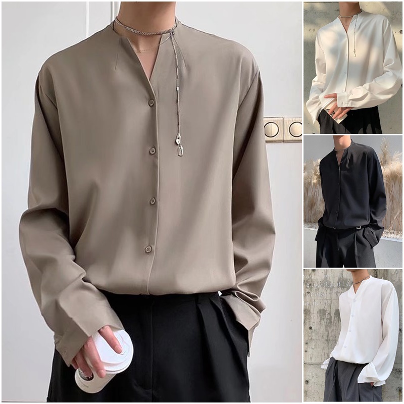 เสื้อ เกาหลี ผู้ชาย เสื้อเชิ้ตแขนยาวลําลอง คอวี ทรงหลวม สไตล์เกาหลี สําหรับผู้ชาย สวมใส่สบาย ไม่ต้องรีด COD M-2XL