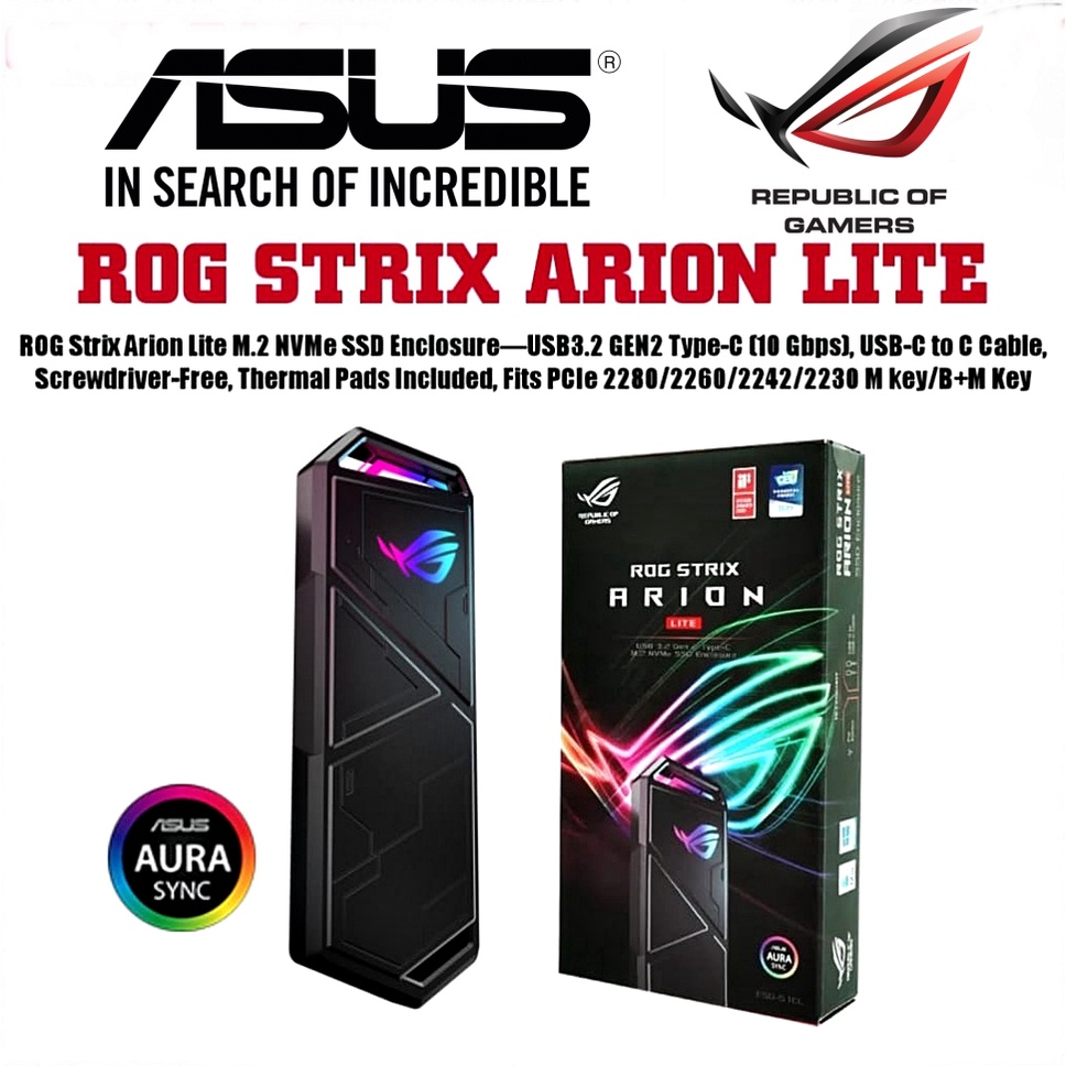 ⚡️กล่องใส่เอ็มดอททู⚡️ASUS ROG Strix Arion Lite External Portable M.2 NVMe SSD Enclosure USB3.2 GEN2 Type-C 1y.