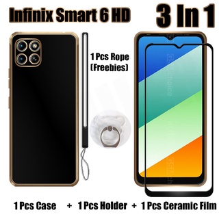 3 IN 1 เคส Infinix Smart 6 HD พร้อมกระจกนิรภัยกันรอยหน้าจอโค้งเซรามิก และที่ยึด ซิลิโคนนุ่ม เคสโทรศัพท์ สายคล้อง ชุบไฟฟ้า