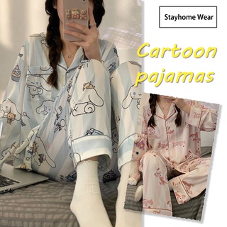 ชุดนอน เสื้อคาร์ดิแกน แขนยาว ผ้าเรยอน ลายการ์ตูนสุนัข Stitch Baju Tidur Wanita Crayon Shin-chan สําหรับผู้หญิง