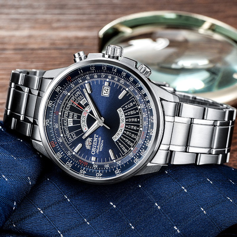 ✿Orient Orient เชิงกล นาฬิการอบ Perpetual Calendar ของแท้ Classic Waterproof Steel Band Automatic Watch Male