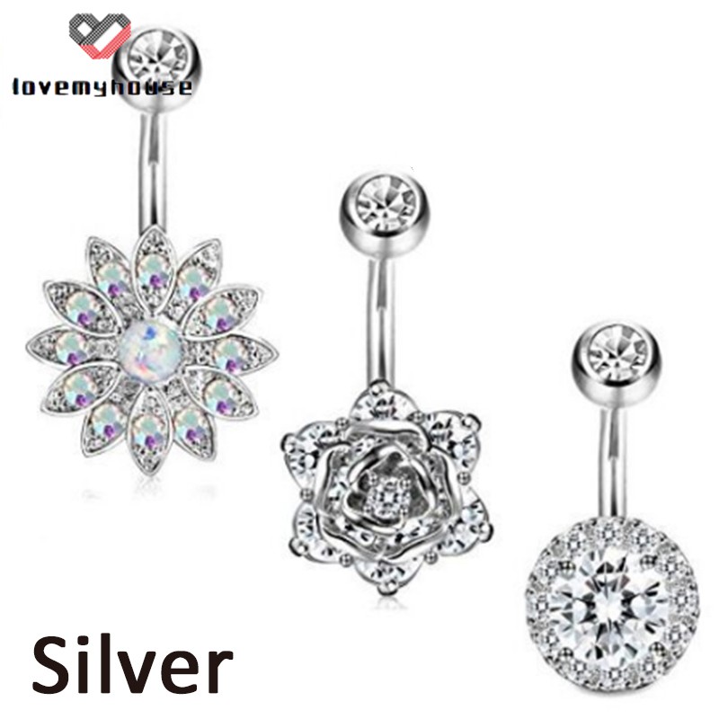 3 Pcsset Belly Button Rings Surgical Steel Crystal Flower Women Navel Ring Body Piercing Jewelry