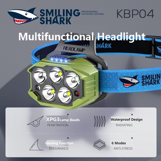 Original SmilingShark KBP04 ไฟฉายคาดหัว ไฟหน้า ไฟหน้าแบบมัลติฟังก์ชั่นไฟฉาย LED เซ็นเซอร์ตรวจจับความเคลื่อนไหว 350 Lumens ไฟหน้า USB ชาร์จ IPX4 กันน้ำกลางแจ้งเดินป่าตกปลาตั้งแคมป์ร้องไห้วิ่งปีนเขาภูเขาหิมะไฟฉุกเฉินแสงสีแดง ไฟหน้าแฟลช