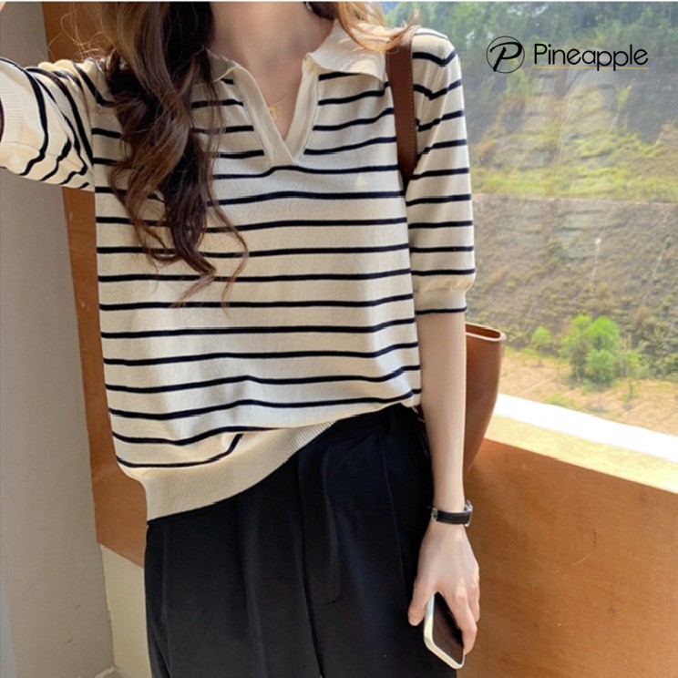 เสื้อไหมพรม แขนสั้น ผ้านิ่มๆใส่สบาย Striped polo sweater 1066