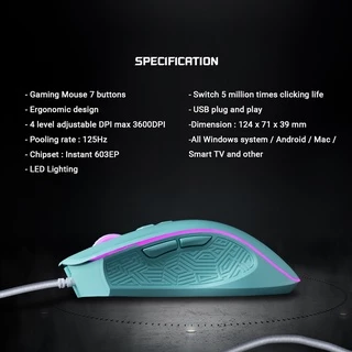 Nubwo เมาส์เกมมิ่ง NM96 Silence Click ปรับ DPI สูงสุด 3600 มี 7 ปุ่ม RGB ปรับสีได้ รับประกัน 1 ปี