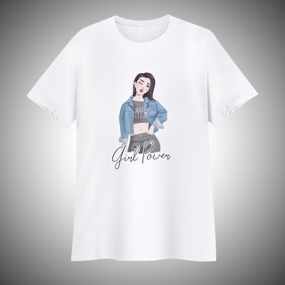 เสื้อยืดสีขาว แขนสั้น ลายการ์ตูน Girl power สกรีนสีลงในเนื้อผ้า สีไม่ตกไม่ลอก  ยับยาก รีดง่าย สามารถรีดทับได้เลย ไม่หด