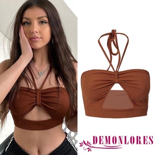 Demonlores- เสื้อครอป ท็อป แขนกุด สีพื้น สําหรับผู้หญิง