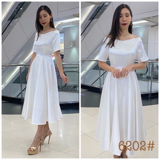 s m l xl 2xl 3xl  Midi dress แขนสั้น คอปาด กระโปรงบาน เดรสขาว ชุดแต่งงาน ชุดหมั้น งานแต่งงาน เพื่อนเจ้าสาว ราตรียาว