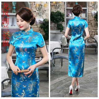 ชุดลายมังกรฟีนิกซ์หญิงจีนชุด cheongsam แบบดั้งเดิมแขนสั้นกระโปรง dress