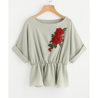 พร้อมส่ง Round neck loose embroidered rose blouse no.1001225