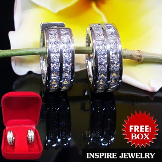 INSPIRE JEWELRY ต่างหูห่วงเพชรCZ ฝังสองแถวคู่ ขาล็อคงานจิวเวลลี่  งานเกรดพรีเมี่ยม size 0.8cm วงใน1.5cmx1.5cm