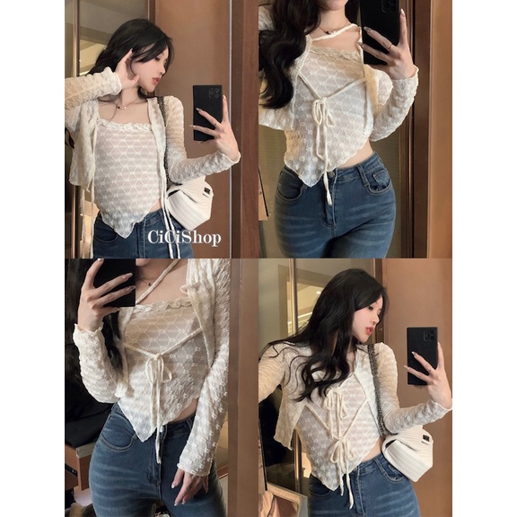 Cicishop(1192/D17)เซท 2 ชิ้น สายเดี่ยว +สายคลุมแขนยาวมีสายผูกดีเทลลายดอกไม้ญี่ปุ่น คุณหนูมากกน่ารัก