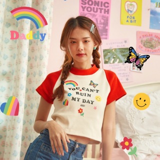 DADDY | You can’t ruin my day เสื้อครอปท็อป สีขาวแขนสีแดง