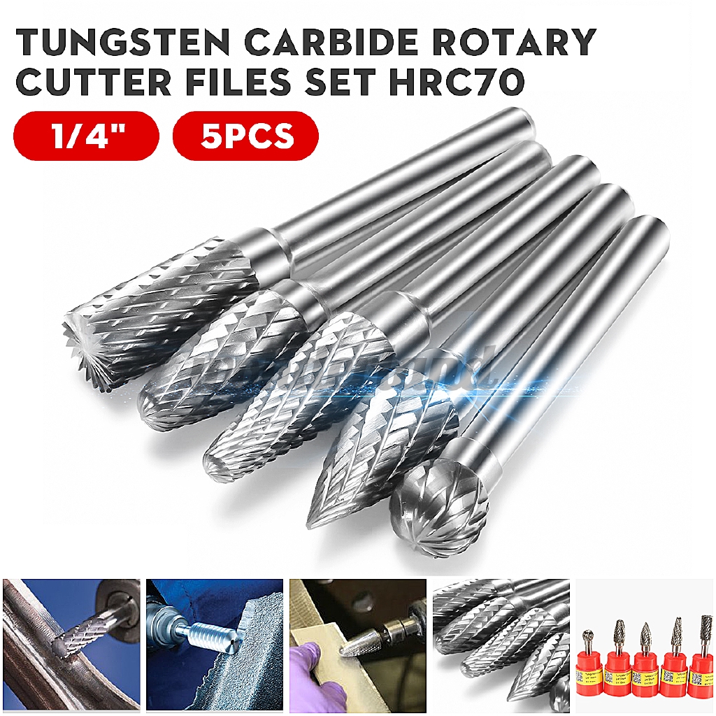 5 x 1/4" Tungsten Carbide Burr 6mm Rotary Cutter files Set CNC