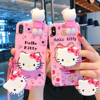 OPPO A83 A1 A91 F15 F11 Reno 2 3 Realme 3 5 Pro Hello Kitty 3D Pink Lovely Cartoon Cat Papa Lanyard Girls Cases Holder Back Phone Covers #3911