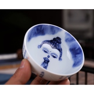 Jingdezhen Ceramic Blue and White Buddha Personal Teacup Kung Fu Tea Set Single Tea Cup 100ml Gift