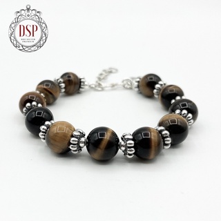 DSP กำไลหินนำโชคไทเกอร์อาย สร้อยข้อมือหินนำโชค : Tiger Eye Gemstone 925 Sterling Silver Beads Bracelet [CFS0010]