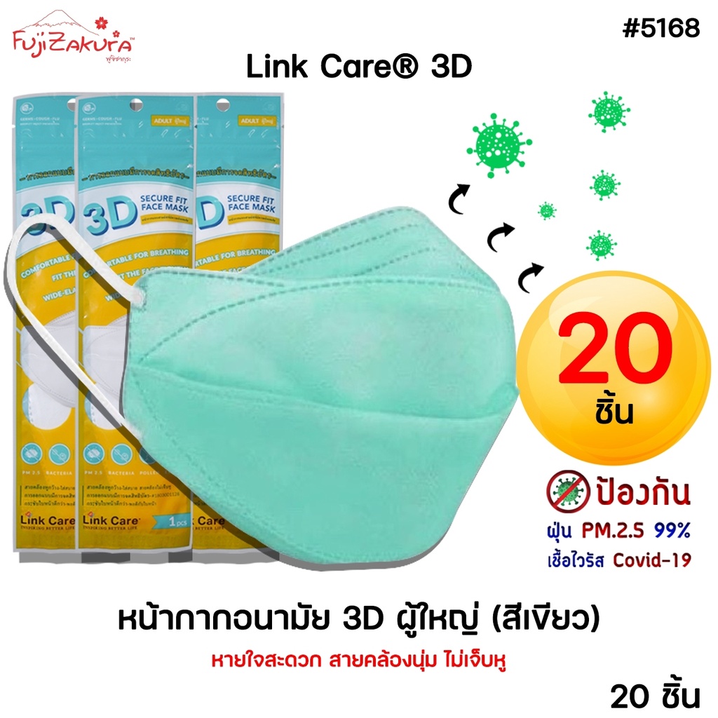 หน้ากากอนามัย 3มิติ ผู้ใหญ่ สีเขียว *ยกแพค 20 ชิ้น*Link Care 3d Mask หน้ากากอนามัยป้องกันไวรัสและฝุ่นPM 2.5 3D FACE MASK