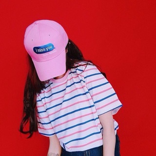 EG291 : เสื้อยืดลายทาง ขาว-ชมพู-น้ำเงิน